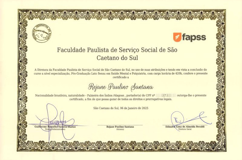 Certificado de Pós-graduação em Saúde Mental e Psiquiatria de Rejane Santana