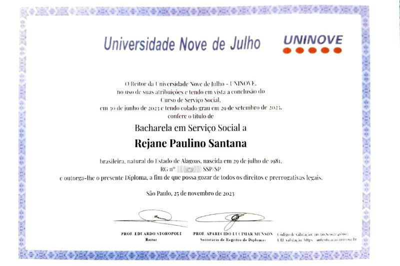 Diploma de Bacharela em Serviço Social de Rejane Santana pela Uninove