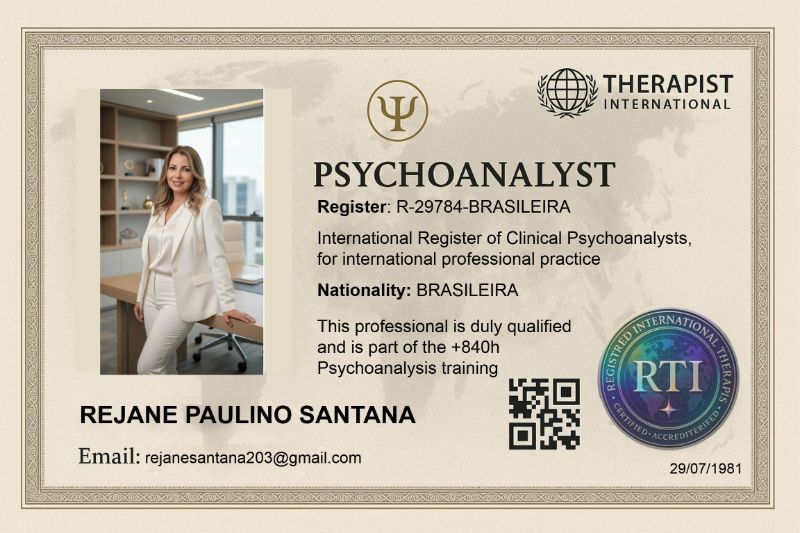 Registro Internacional de Psicanalista Clínica de Rejane Santana, Therapist International nº R-29784